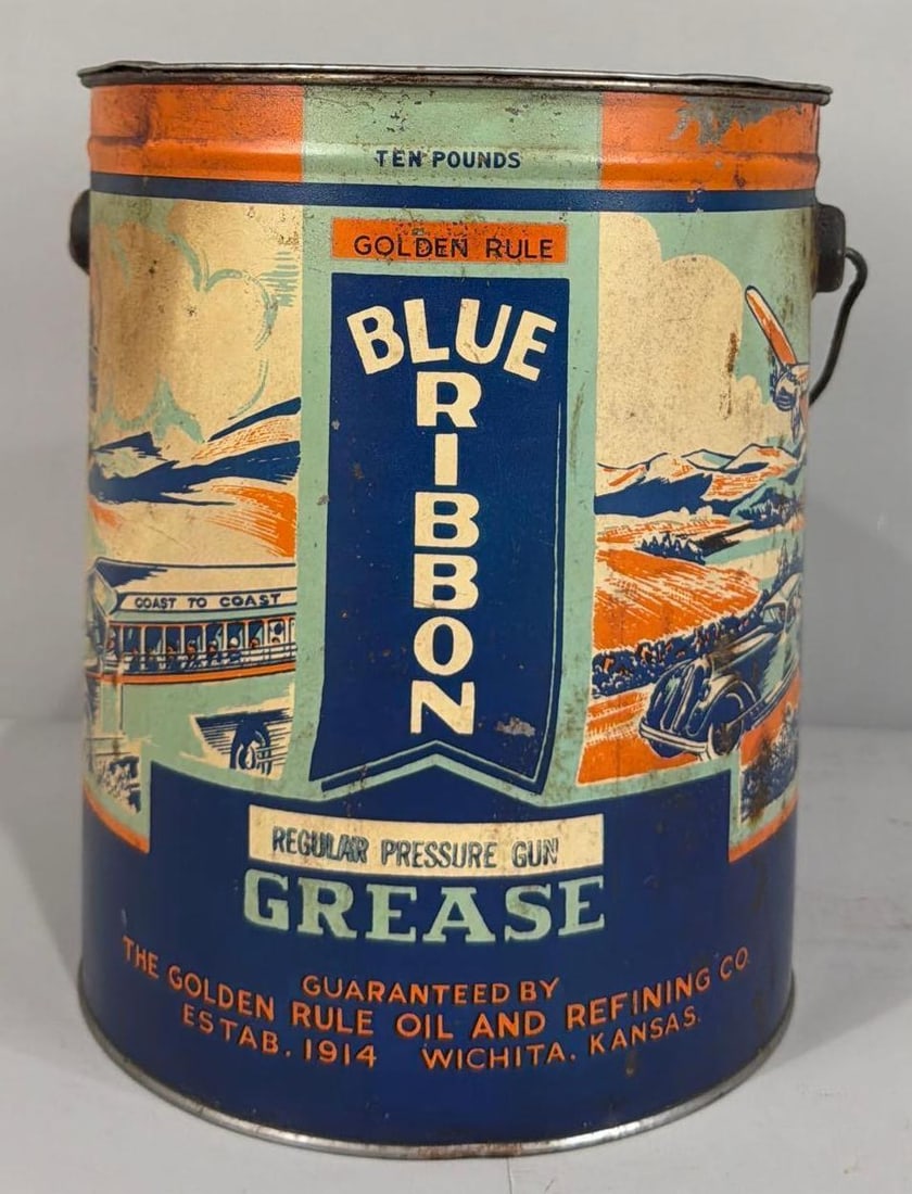 Blue Ribbon Grease Ten Pound Metal Can: rated 7, the ten pound round metal can with bail handle, has soil and staining.