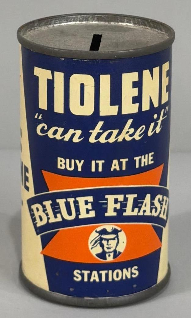 Blue Flash Tiolene Oil Can Coin Bank: rated 9, 3.5"T., nice