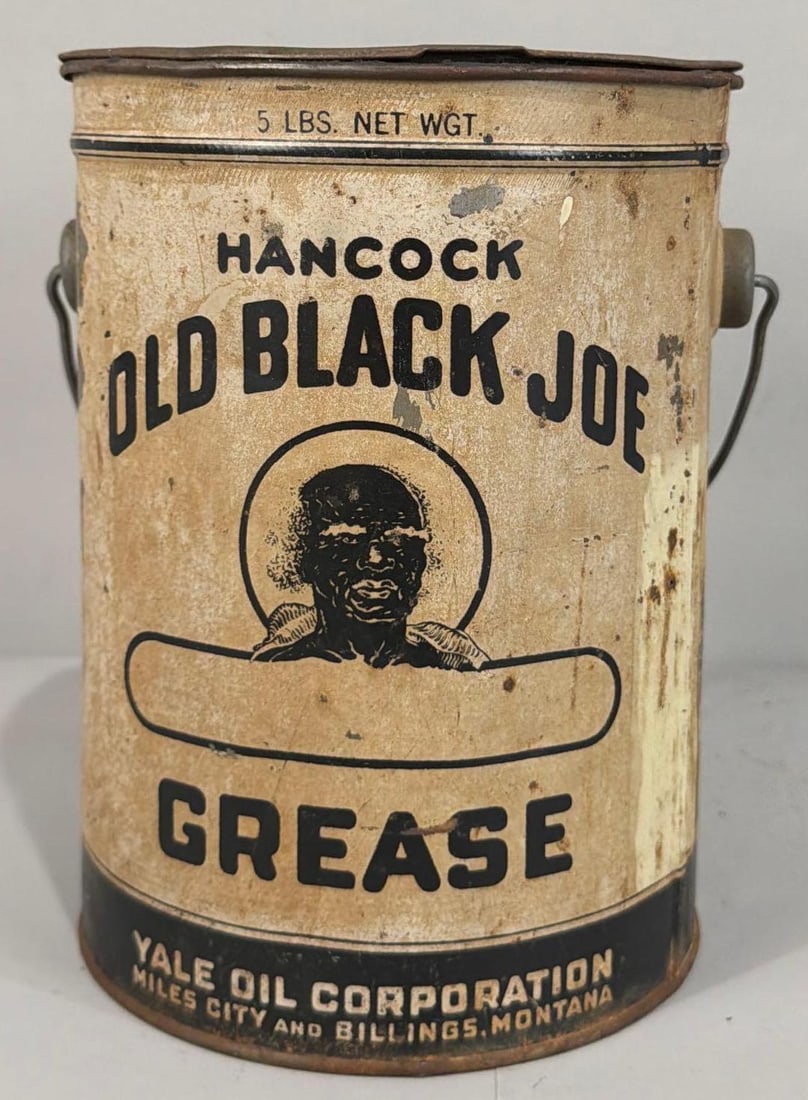 Hancock Old Black Joe Grease Five Pound Metal Can: rated 7, the metal can with bail handle, is full, has staining.