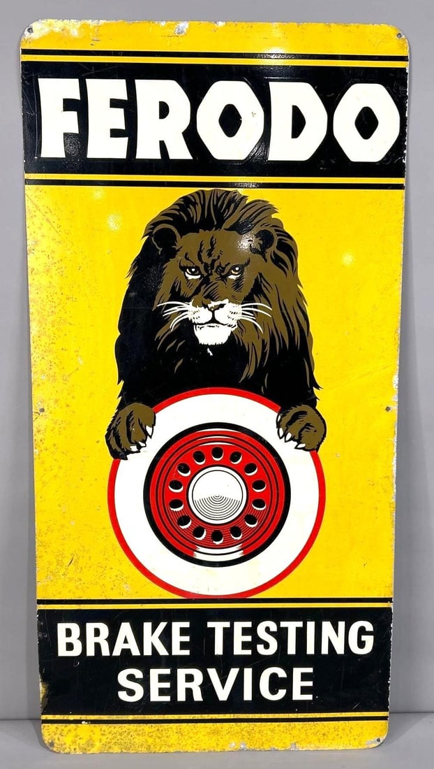 Ferodo Brake Testing Service w/Lion Metal Sign (TAC): rated 7.25, 36"x18", the SST sign has good color and some shine, has wear and rust spots. TAC #062666