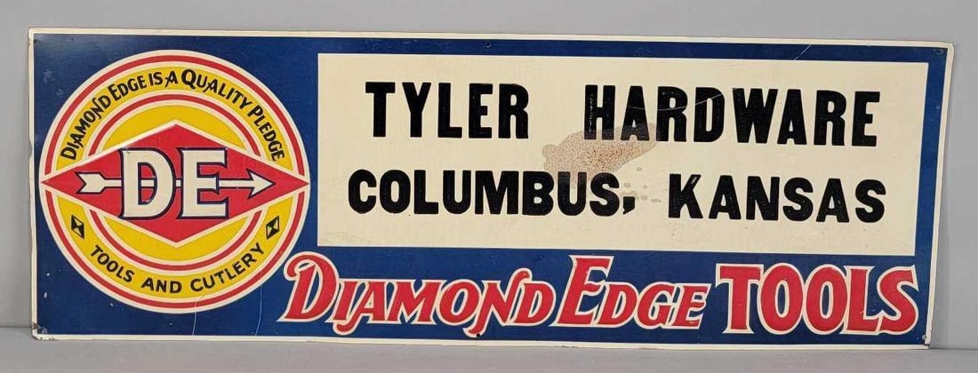 Diamond Edge Tools w/Logo Metal Tacker Sign (TAC): rated 8, 9.75"x27.75", the SST embossed sign has wear and fines scratches, stain in the field. Rarity 2. TAC #062683