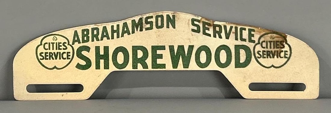 Cities Service Shorewood Metal License Plate Attachment: rated 8, 3"x10", has rust staining.