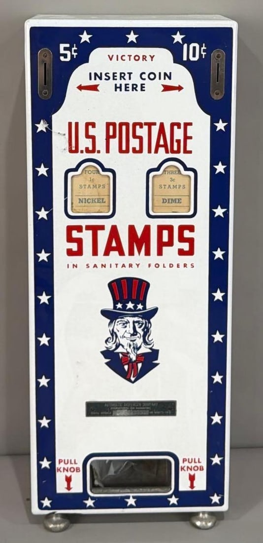 U.S. Postage Stamps w/Uncle Sam Logo Porcelain Vending Machine: rated 9, 20"x8"x5", in very good condition, comes with key.