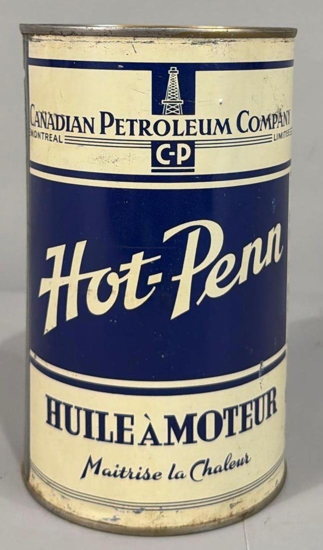 Hot Penn Motor Oil One Imperial Quart Metal Can: rated 9 & 8.5, the one Imperial round metal can, is empty, has light wear, more on back.
