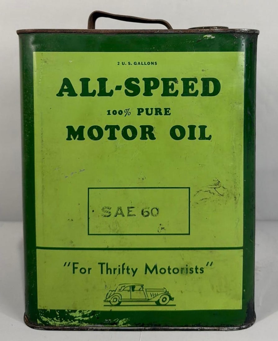 All-Speed Motor Oil Two-Gallon Metal Can: rated 8, the two-gallon rectangle metal can, is empty, has wear and soiling.