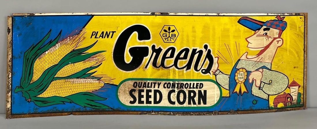 Plant Greens Seed Corn Tin Sign W/ Farmer Graphic: (Rated 7.5). 12" x 36". This SST sign has significant staining and paint loss throughout the field. The outer edge also shows staining and paint loss. Rarity 2. TAC # 062299.