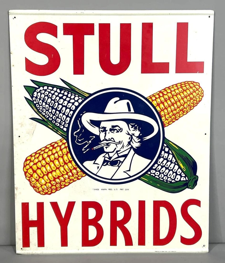 Stull Hybrids Single-Sided Tin Sign W/ Corn Graphic: (Rated 8.75). 20" x 25". This SST sign has good color throughout the graphic. Sign shows surface staining along the outer perimeter and edge. Rarity 2. TAC # 062456