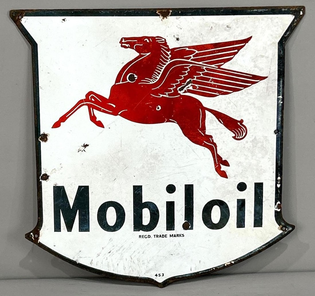 Mobiloil w/Pegasus Porcelain Sign (TAC): rated 6.75, 12"x12", the SSP shield-shaped sign has wear, chips and fading, marked 453. TAC #062661