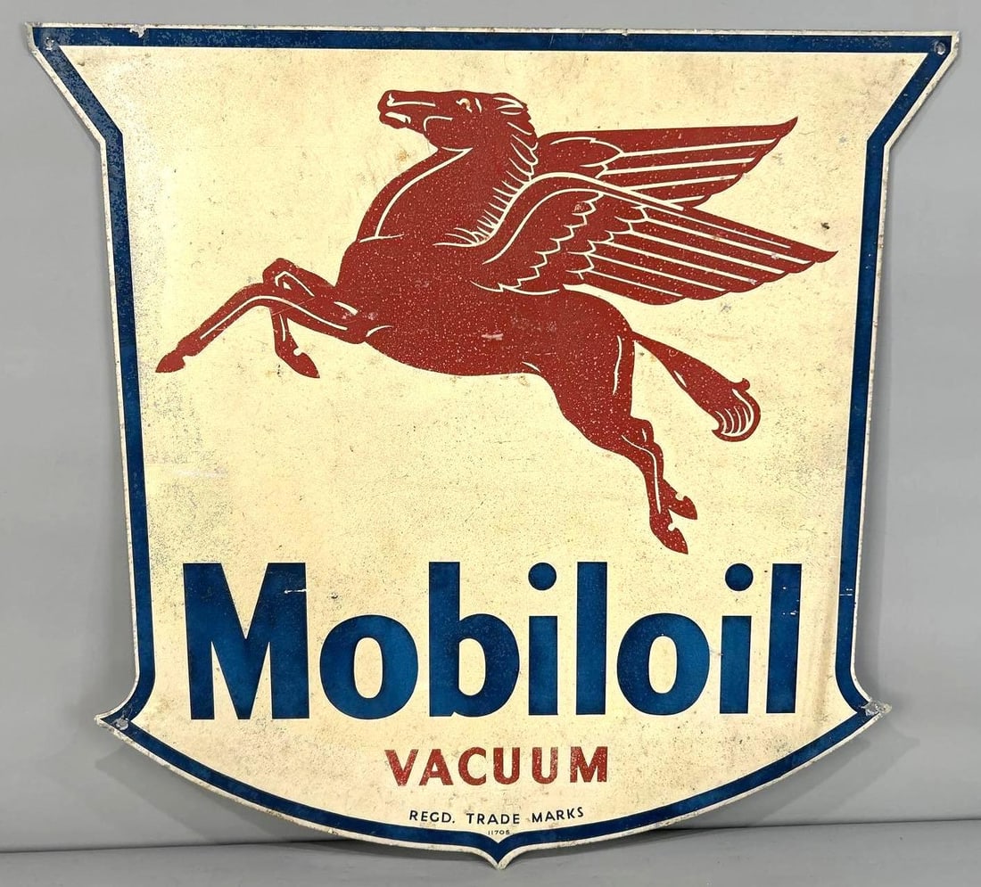 Mobiloil Vacuum w/Pegasus Metal Sign (TAC): rated 6.9, 24"x23.5", the SST shield-shaped sign has staining and wear, marked 11705. TAC #062665