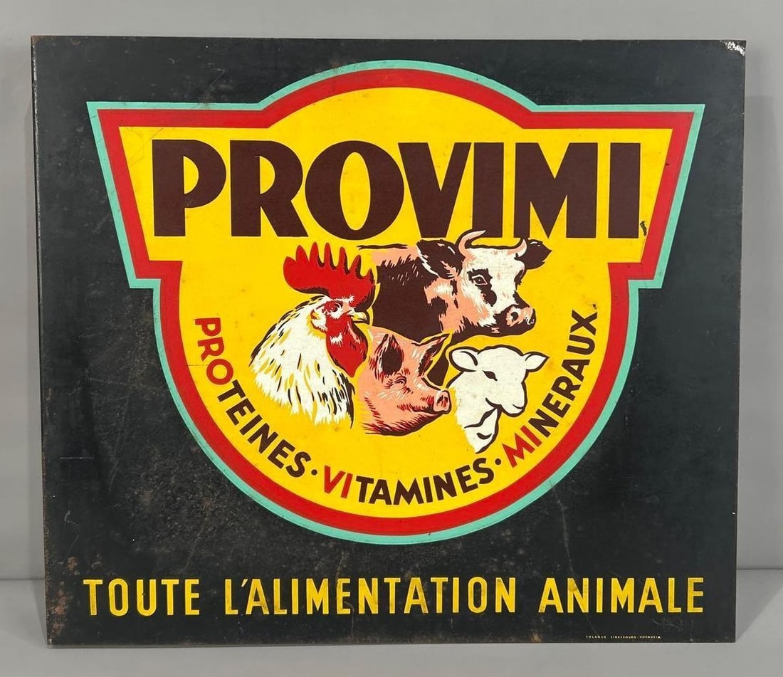 Provimi w/Cow, Pig, Sheep & Chicken Images Metal Flange Sign (TAC): rated 8 & 7.5, 19.5"x22.5", the metal flange sign has good color and some shine, has wear, reverse has more wear and rust spots. TAC #062671