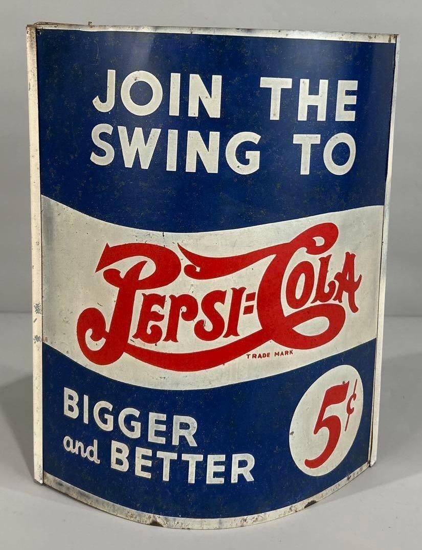 Pepsi-Cola Metal String Holder: rated 7, 16"x13"x6", the 2-SST sign has wear and staining.