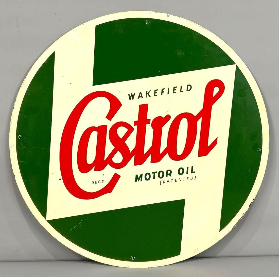Wakefield Castrol Motor Oil Metal Sign (TAC): rated 8.5, 23.75", the SST sign has good color and shine, has wear. Rarity 2. TAC #060073