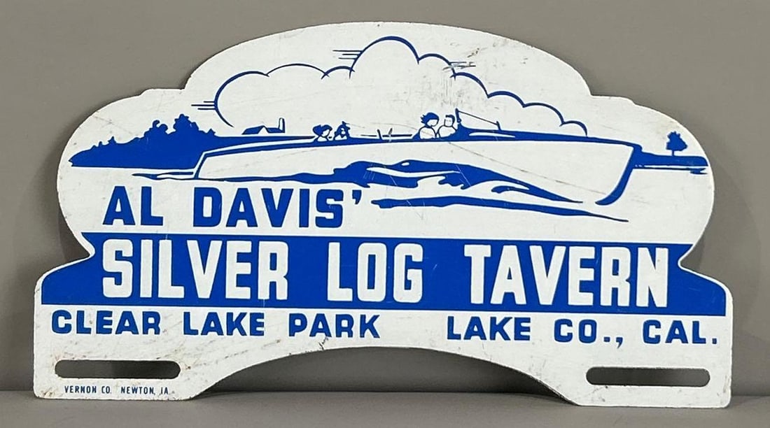 Al Davis Silver Log Tavern w/Boat Metal License Attachment: rated 8, 5"x10", has light wear and a fine scratch
