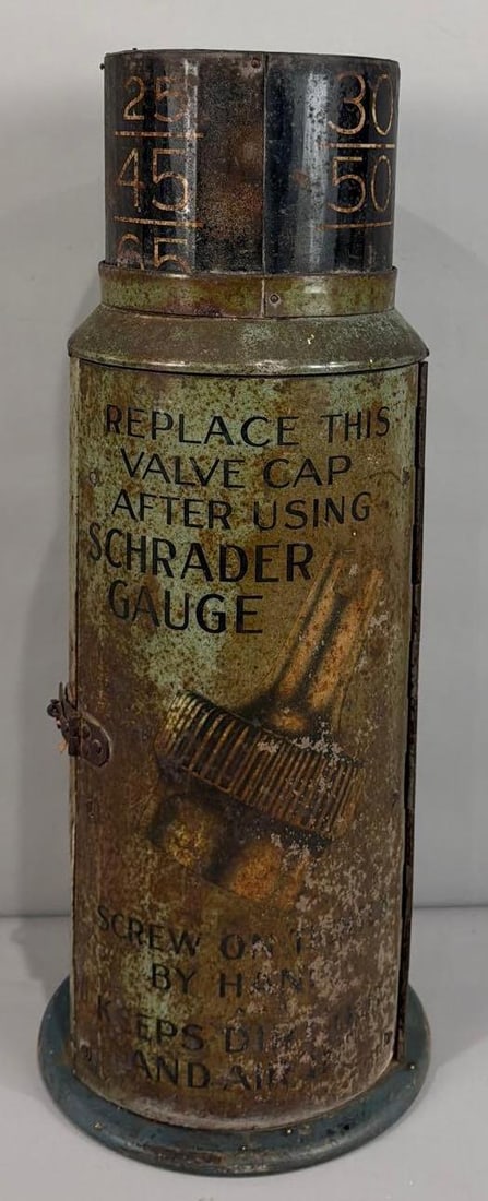 Schrader Tire Gauge (gray) Metal Counter-Top Display Cabinet (TAC): rated 6, 20"T., the display has wear, scratches and fading.