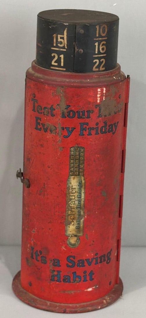 Schrader Tire Gauge (red) Metal Counter-Top Display Cabinet (TAC): rated 6, 15"T., the display has wear, scratches and rust.