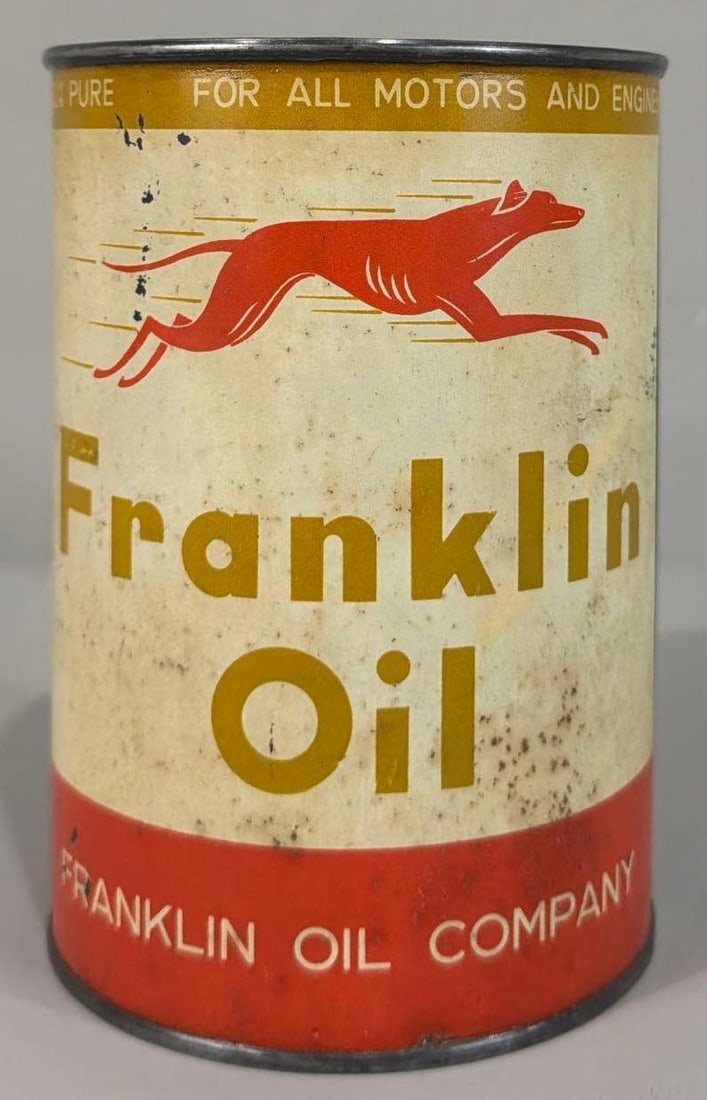 Franklin Motor Oil w/Dog Image Quart Metal Can: rated 7.5 & 6.5, the one quart round metal can, soldered seam, is full, has soling and wear, reverse has dent.
