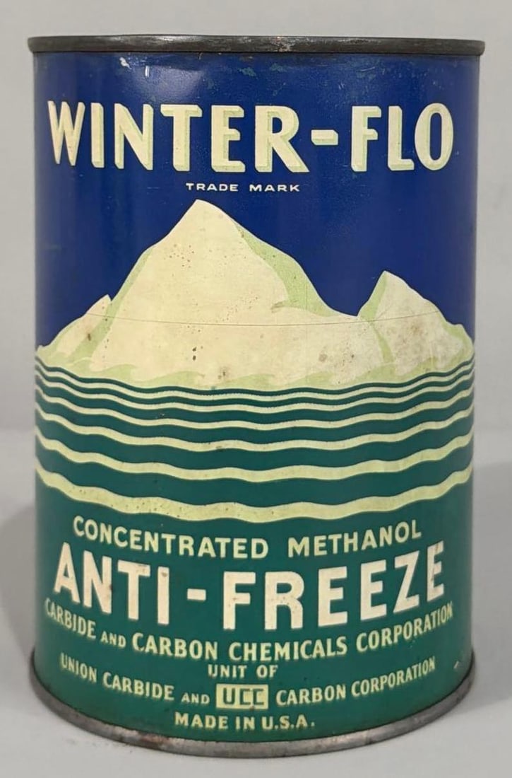 Winter-Flo Anti-Freeze Quart Metal Can: rated 8.5, the one quart round metal can, soldered seam, is empty, has light wear.