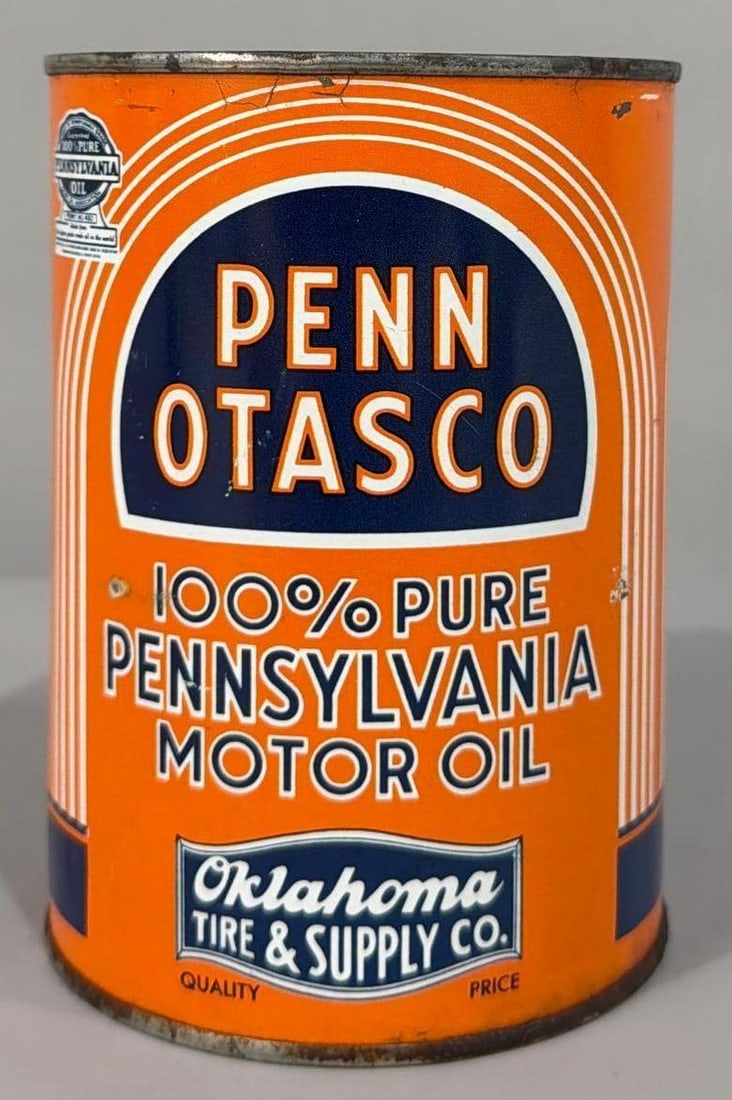 Penn Otasco Motor Oil Quart Metal Can: rated 8.75, the one quart round metal can, crimped seam, is full, has light wear.
