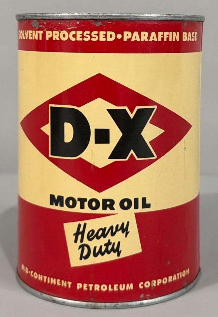 D-X Motor Oil Quart Metal Can: rated 9, the one quart round metal can, crimped seam, is full, light wear.