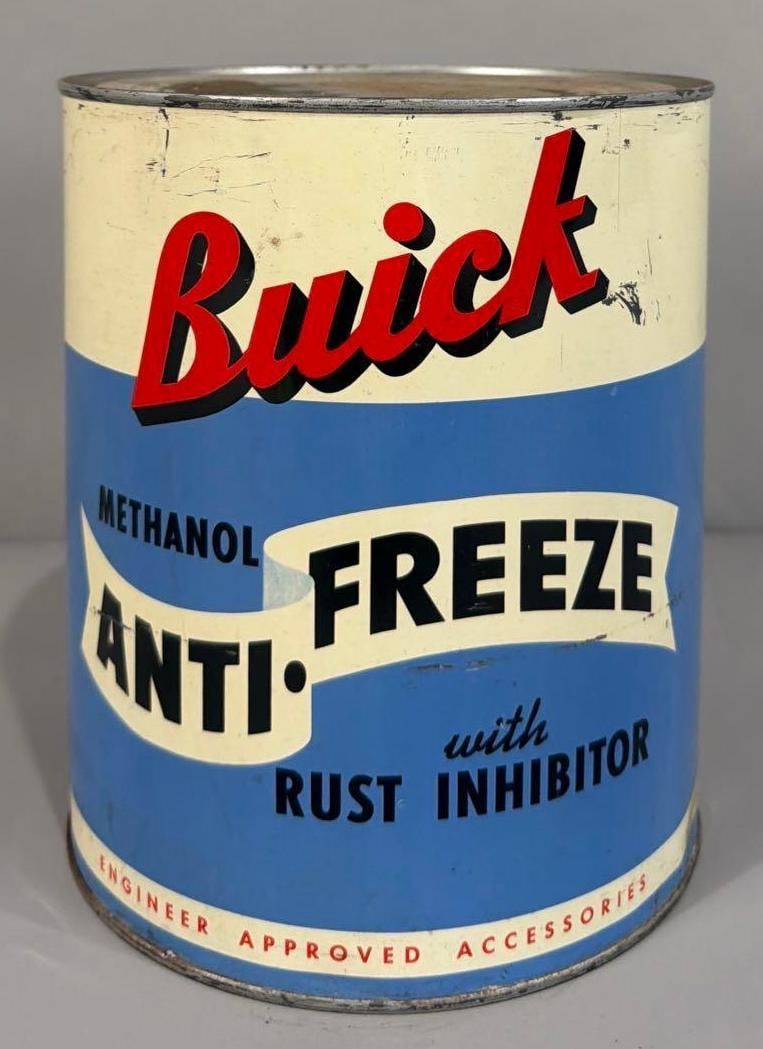 Buick Anti-Freeze One Gallon Metal Can: rated 9, the one gallon round metal can is full, in good condition.