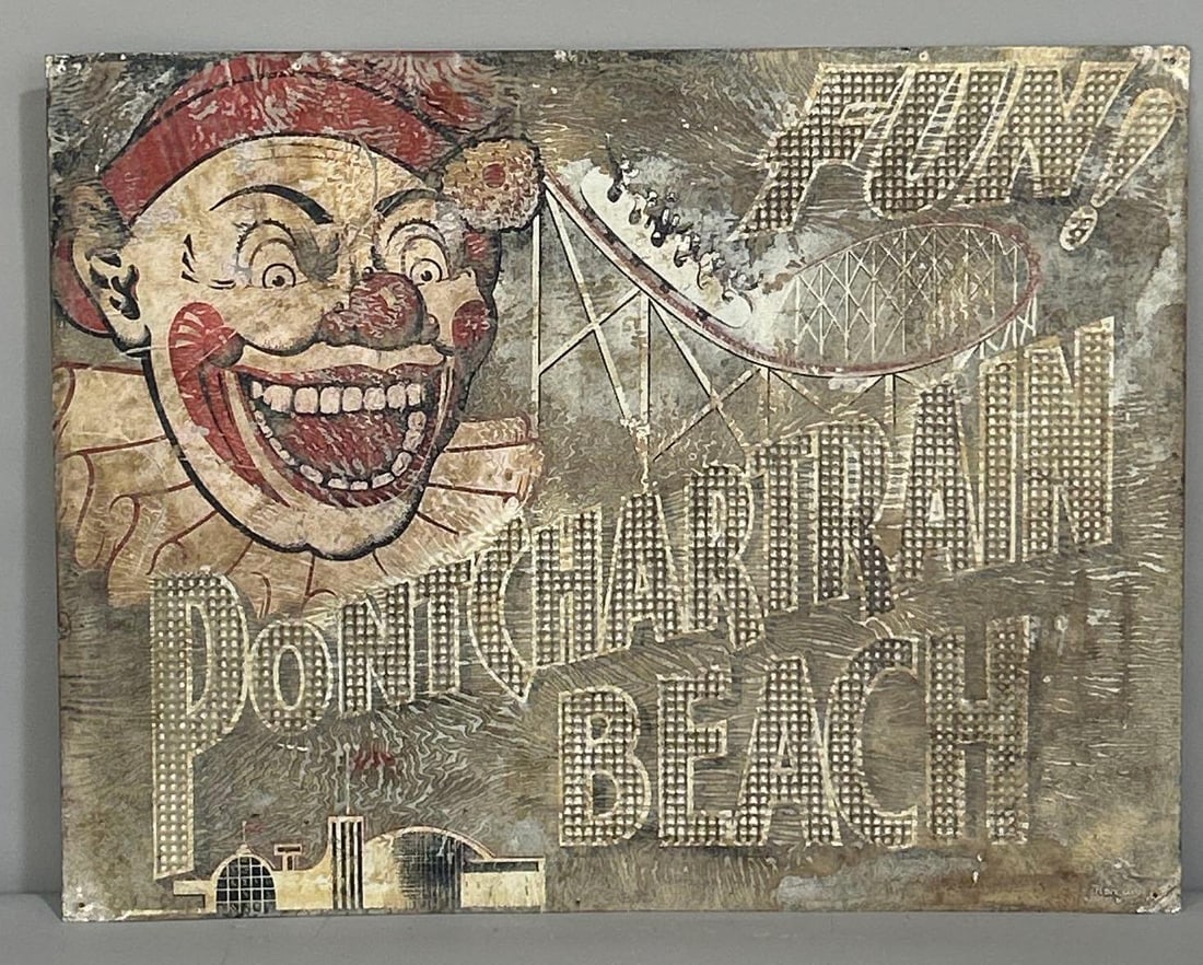 Pontchartrain Beach w/Logo Metal Sign: rated 6.75, 21"x27". This SST sign has heavy wear and paper marks.
