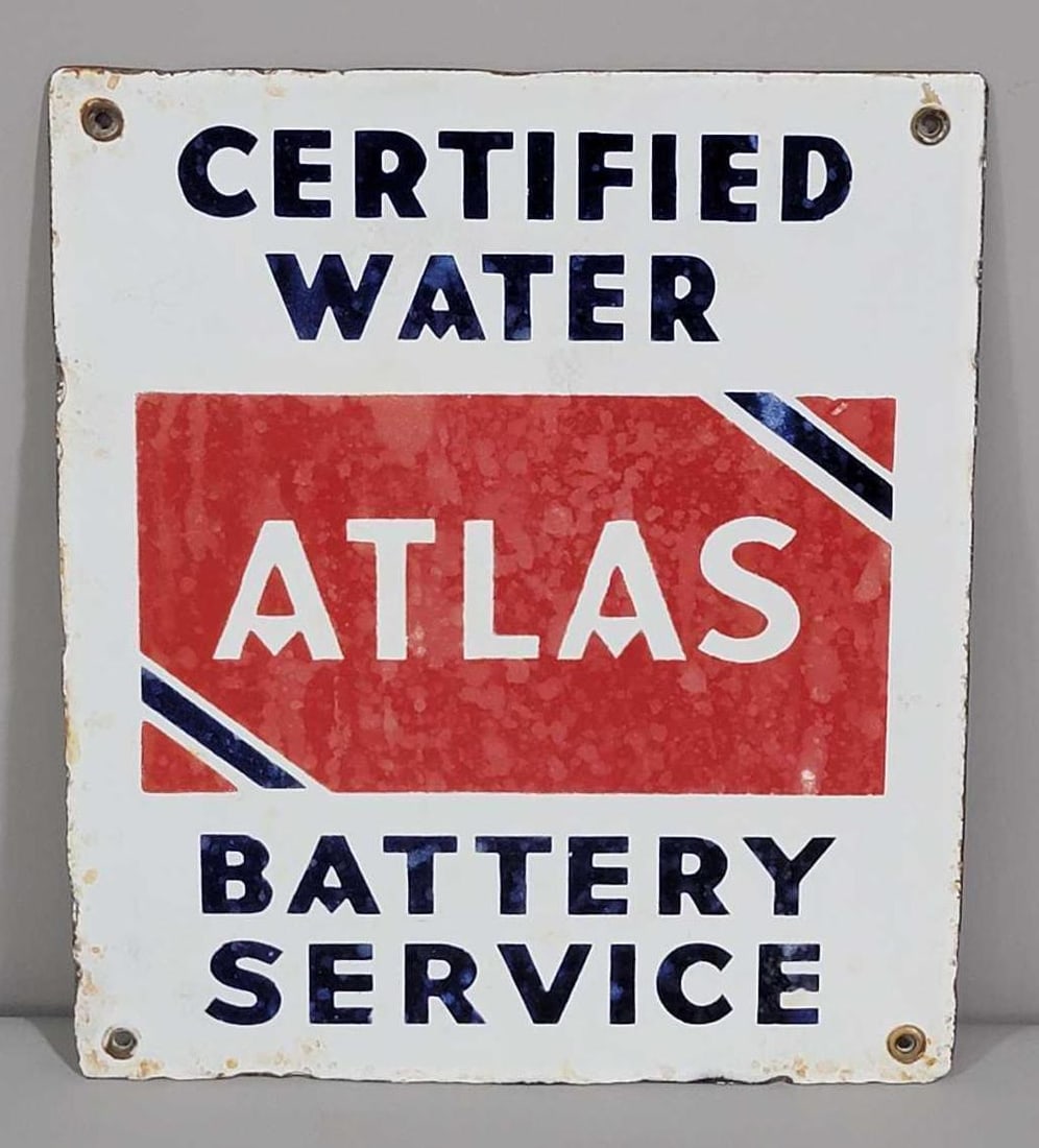 Atlas Battery Service Porcelain Sign (TAC): rated 7, 10"x8.5". This SSP sign has staining. Rarity 5. TAC #061735