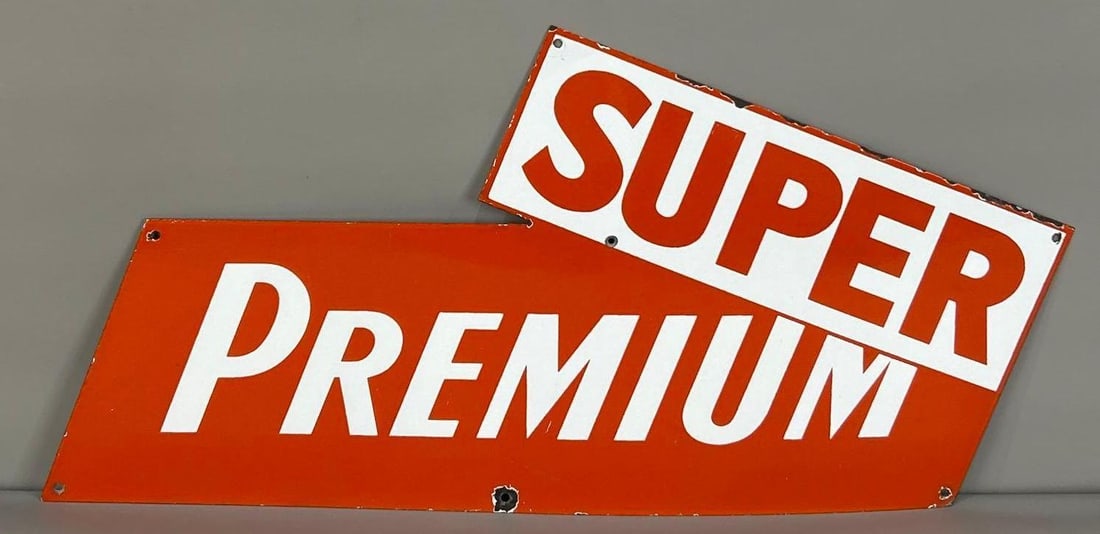 Super Premium Porcelain Pump Plate Sign: Rated 9. 13" x 26". This SSP Sign has good color and with porcelain chips throughout the outer edge and hanging holes. Rarity 4. TAC # 062002. 