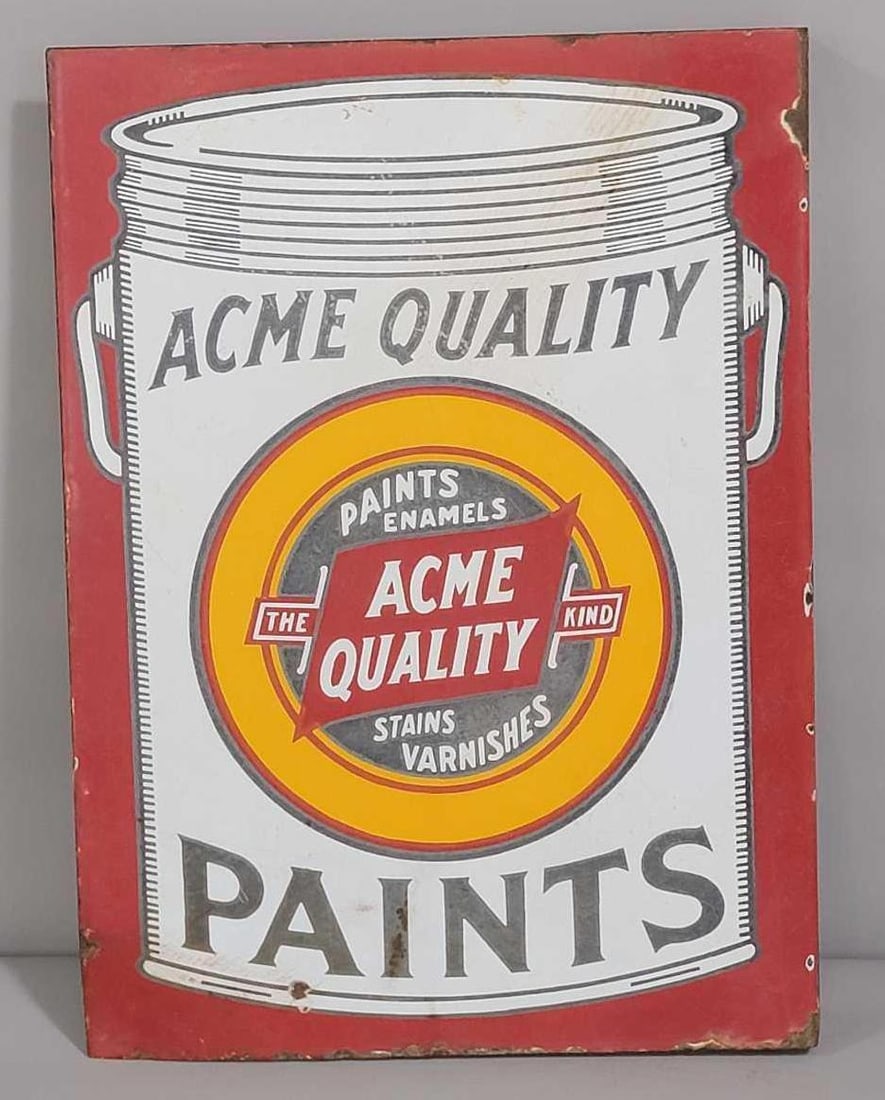 Acme Quality Paints w/Can Logo Porcelain Flange Sign (TAC): rated 7, 20"x14.5" This porcelain flange sign is faded and has wear. TAC #061672