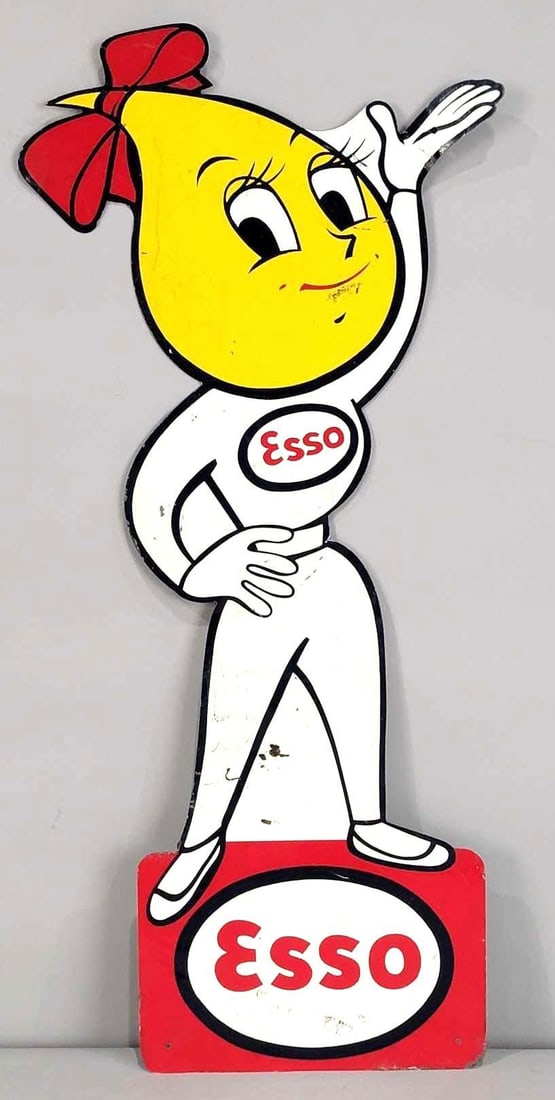 Esso Oil Drop Girl Metal Tacker Sign (TAC): rated 7.5, 15.25"x7.25", the SST die-cut sign has good color, has wear and minor ceases, marked on back. Rarity 2. TAC #062678