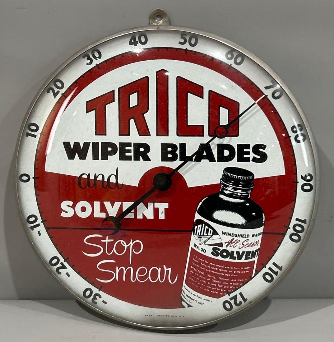 Trico Wiper Blades Thermometer Sign: (Rated 9.0). 12.5" dia. This thermometer has good color and shine throughout. Glass face needs cleaning. Rarity 2. 