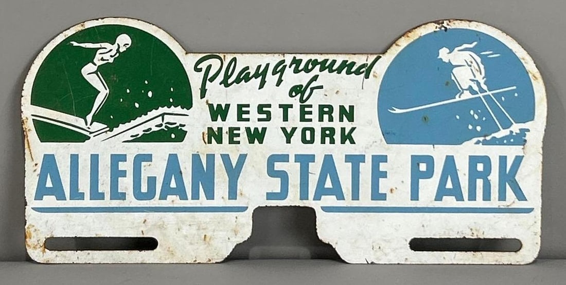 Allegany State Park Metal License Attachment: rated 7, 5"x10", has wear and fine scratches.