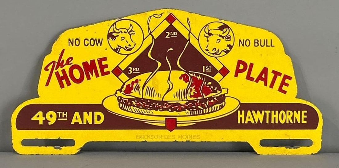 The Home Plate Metal License Plate Attachment: rated 8.9, 5"x10", has light wear, marke Erckson.