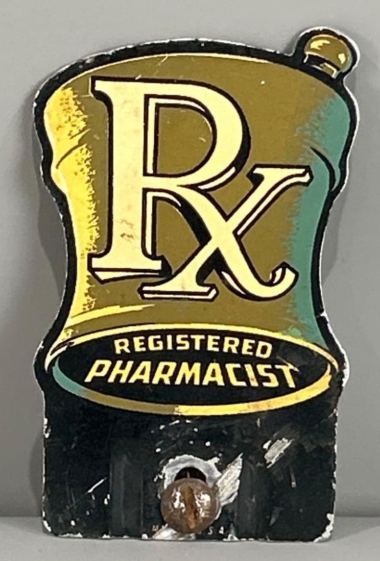 RX Registered Pharmacist Metal License Plate Attachment: rated 7.5, 5"x3", has wear and scratches.