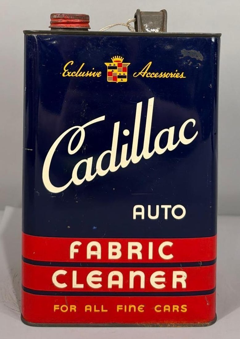 Cadillac Auto Fabric Cleaner One Gallon Metal Rectangle Metal Can: rated 8.9, the one gallon metal rectangle can is empty, has very good color and shine, light wear.
