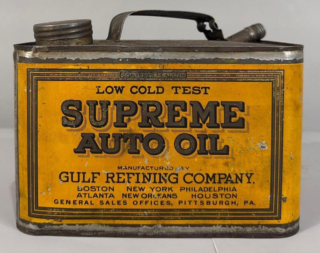 Gulf Supreme Auto Oil One Gallon Squatty Metal Can (1 of 4)