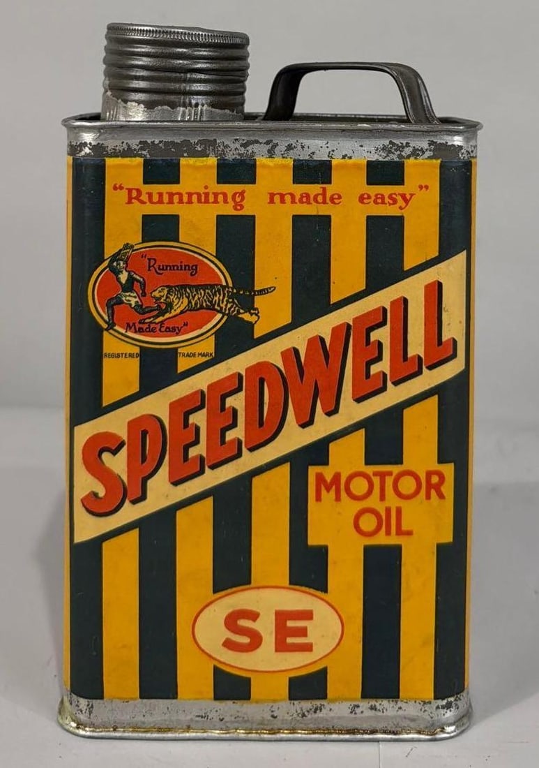 Speedwell Motor Oil w/Logo Half-Liter Metal Can: rated 8.5 & 7.5, the metal flat can, is empty, has light wear, reverse has more.