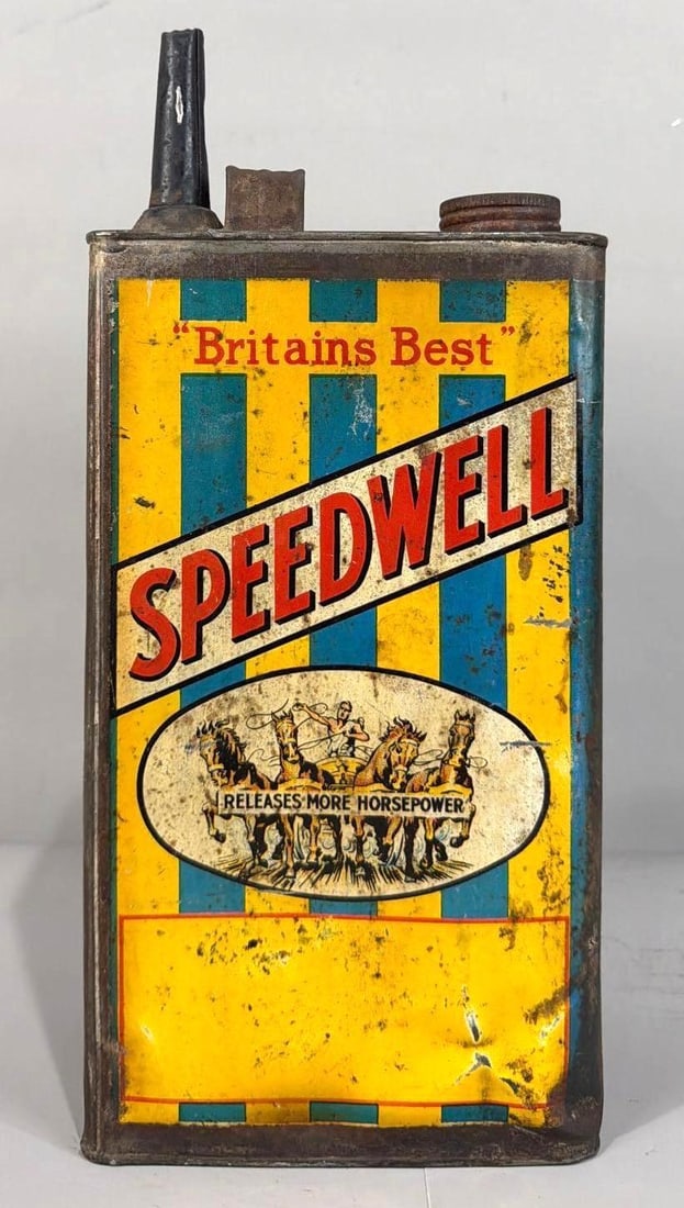 Speedwell w/Logo Metal Can: rated 7 & 6, the one Imperial gallon metal can, has wear, dings and staining, reverse has more.