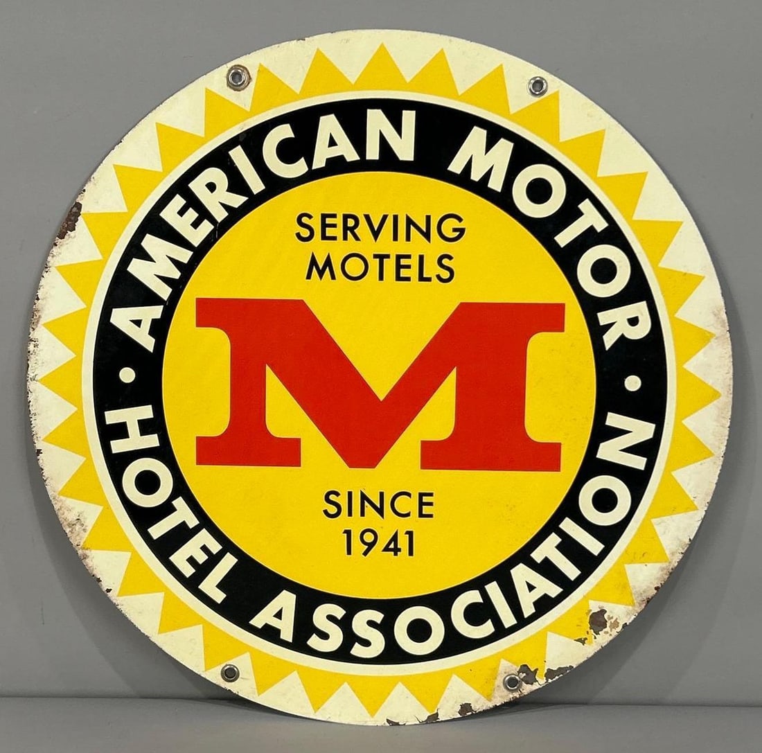 American Motor Hotel Association Metal Sign (TAC): rated 7.5, 20"D., the DST sign has good color and shine, light wear in the fields, has more around the perimeter. TAC #032369