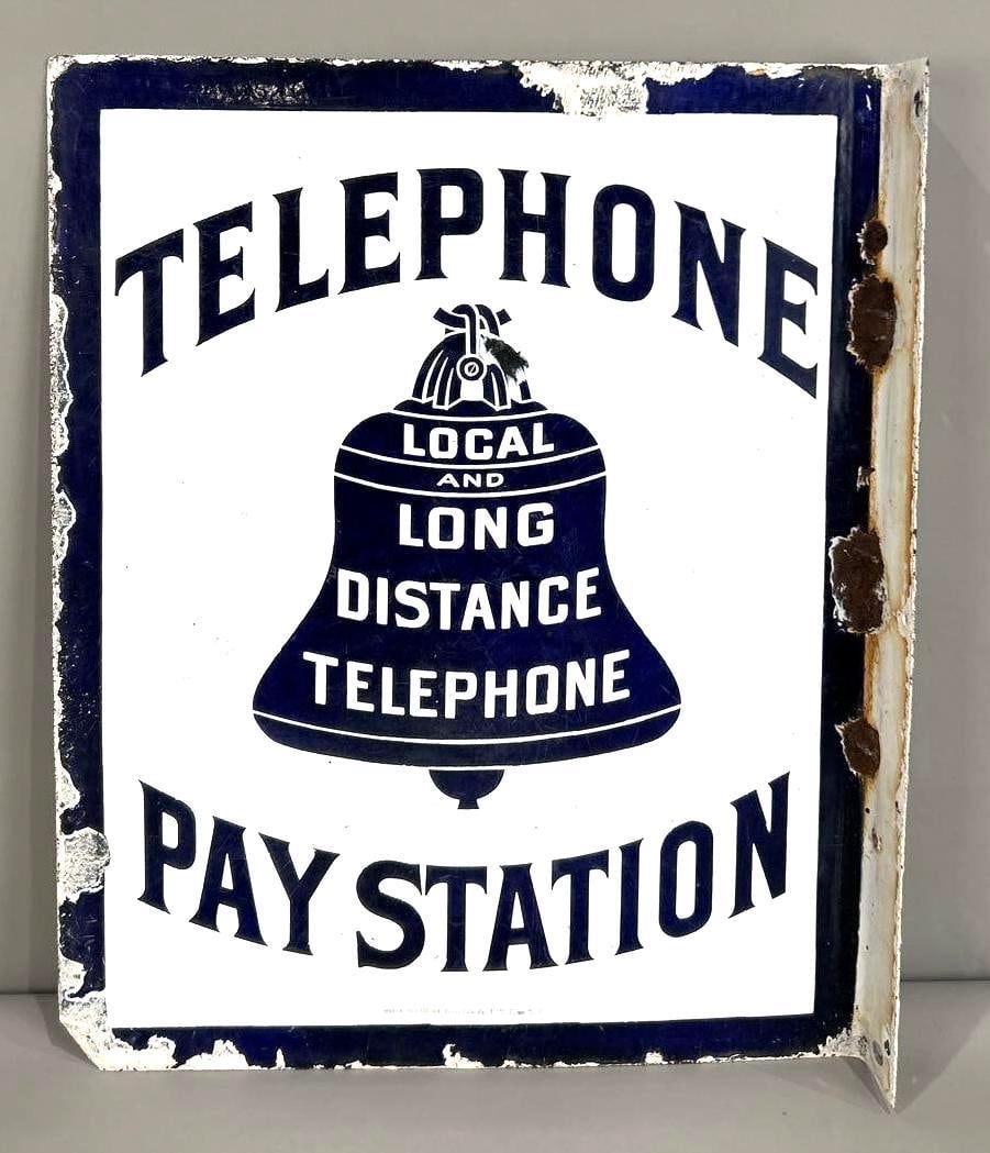 Telephone Pay Station Porcelain Flange Sign W/ Bell Graphic (1 of 8)