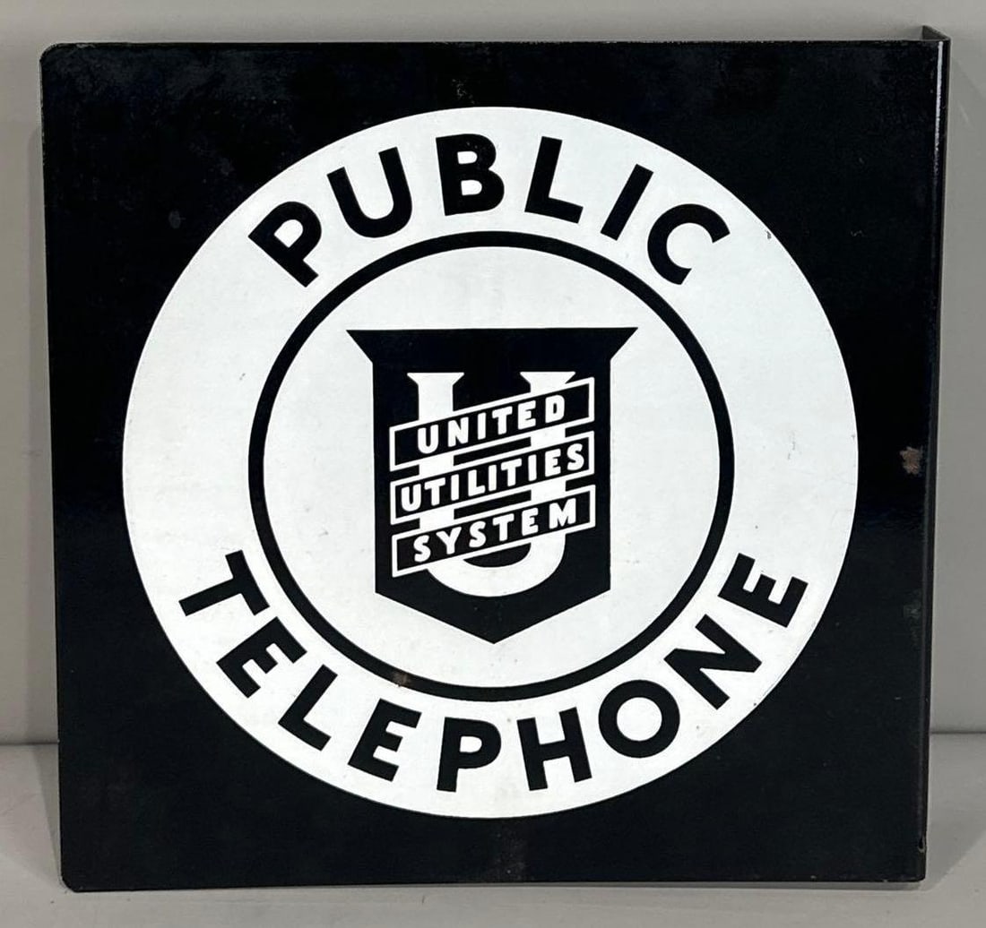Public Telephone Porcelain Flange Sign: (Rated 9.0, 8.9). 11" x 11". This DSP flange has good color and gloss on both sides. Display shows very light staining on the outer field, as well as, minor porcelain loss in the field on the reverse