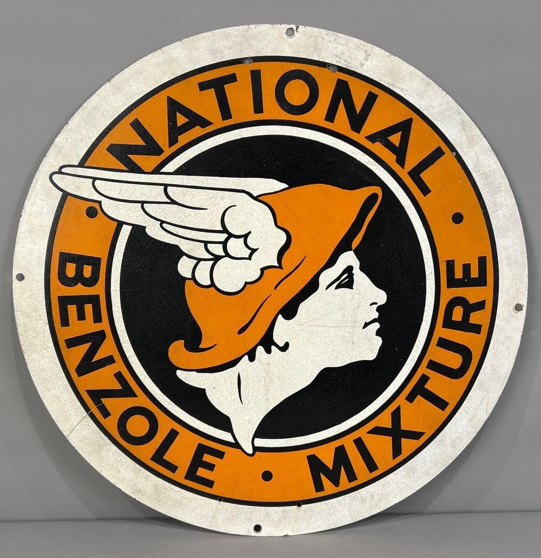 National Benzole Mixture w/Logo Metal Sign & Stand (TAC): rated 7.5, 22"D., the SST sign has good color and some shine, has crazing and light wear. TAC #062663