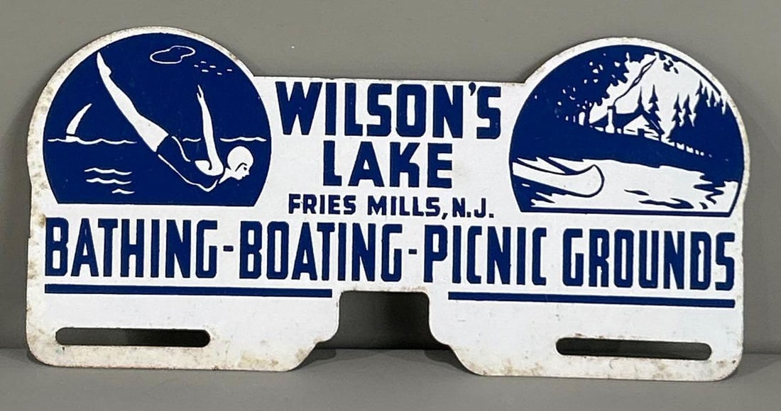 Wilson's Lake Bathing Boating & Picnic Metal License Plate Attachment: rated 8.25, 5"x10", has light wear.