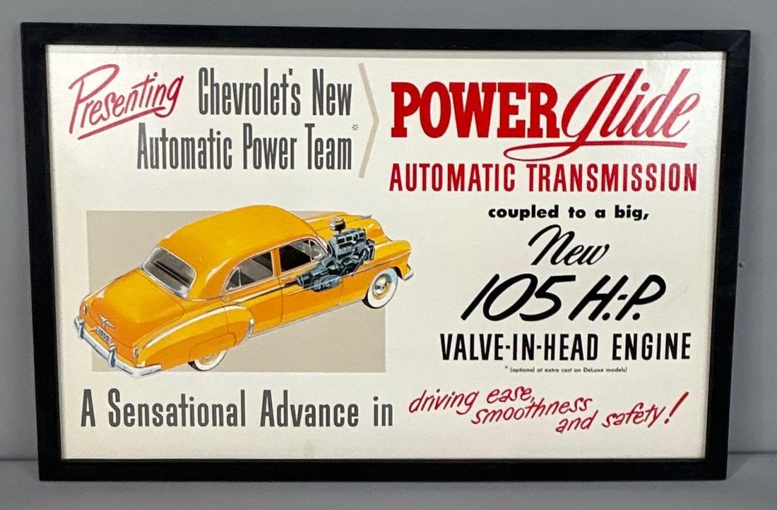 Chevrolet Power Glide Automatic Transmission Cardboard Poster: rated 9+, 21'x33", the double-sided cardboard poster has excellent color and shine, nice, framed.