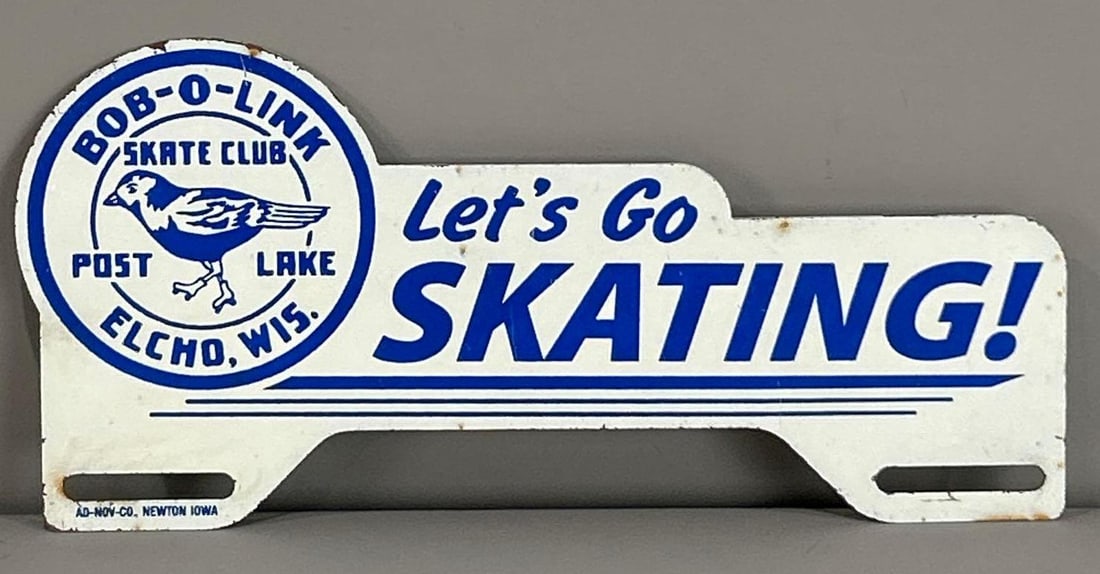 Bob-o-Link Let's Go Skating Metal License Plate Attachment: rated 8.5, 4"x10", has light wear, marked Ad-Nov.