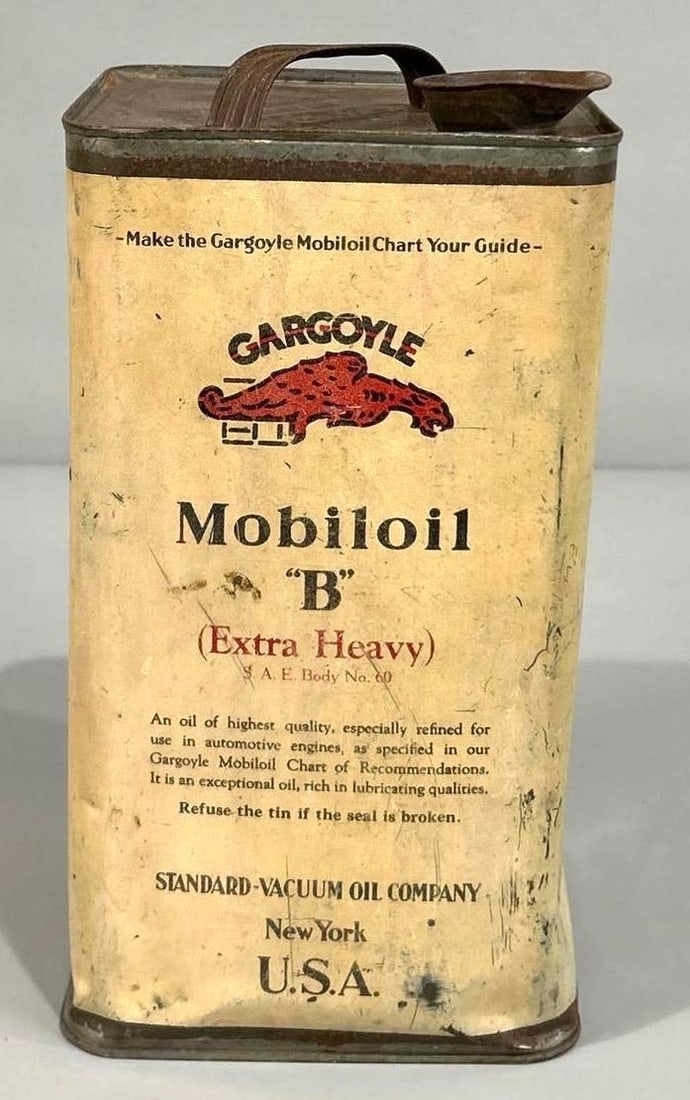Mobiloil w/Pegasus "B" One Gallon Square Metal Can: rated 6.5, the one gallon square metal can has wear and dents, is empty.