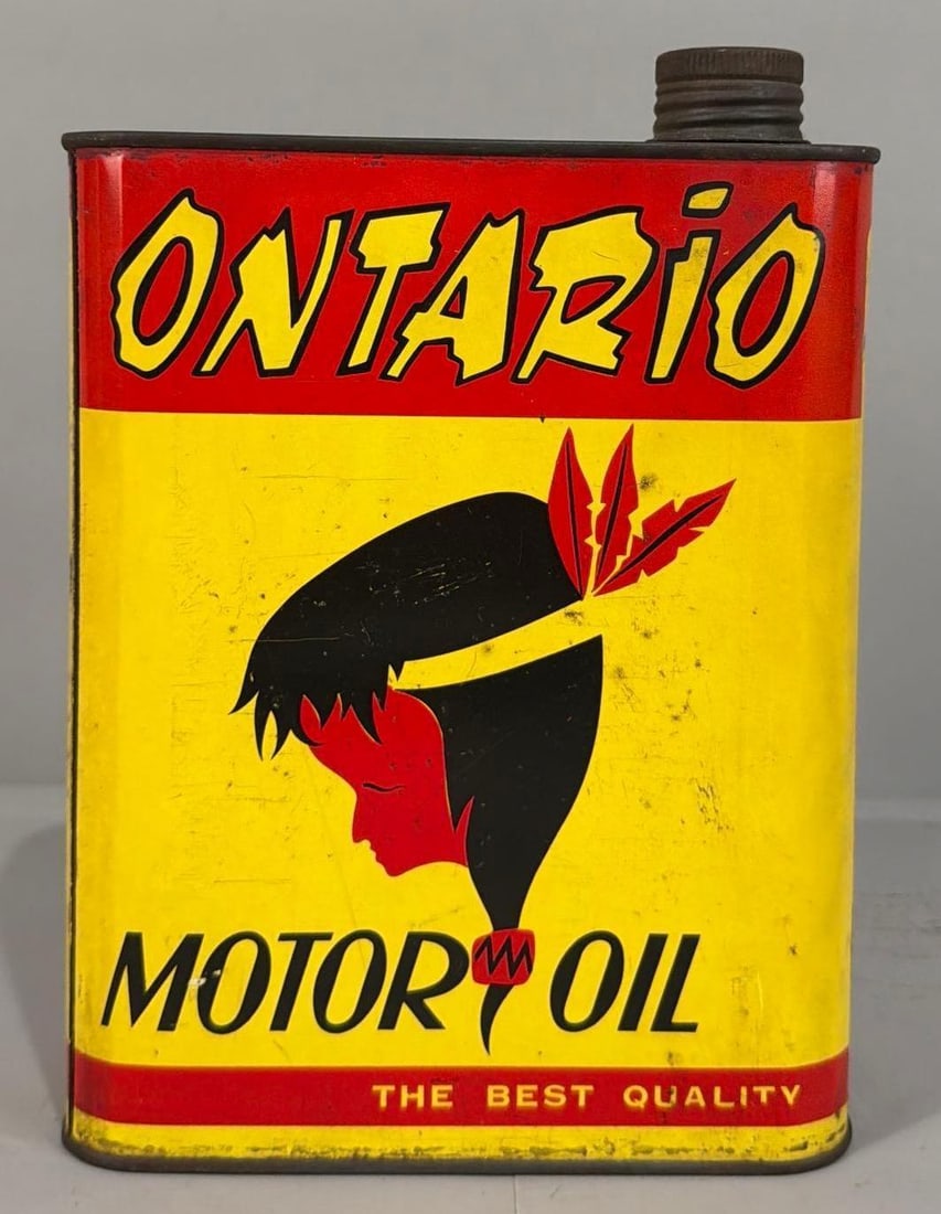 Ontario Motor Oil w/Indian Graphic LIter Metal Can: rated 8.5, the one liter metal can, is empty, has wear and spots.