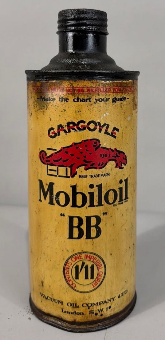 Mobiloil Gargoyle "BB" Round Metal Can: rated 7, is empty, soiled.