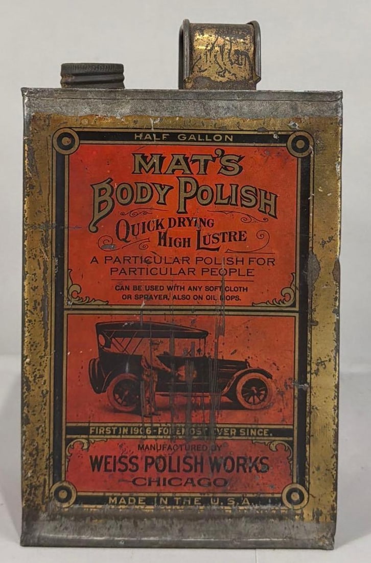 Mat's Body Polish Half-Gallon Metal Can: rated 7, half-gallon metal can, is empty, has wear and soiling.