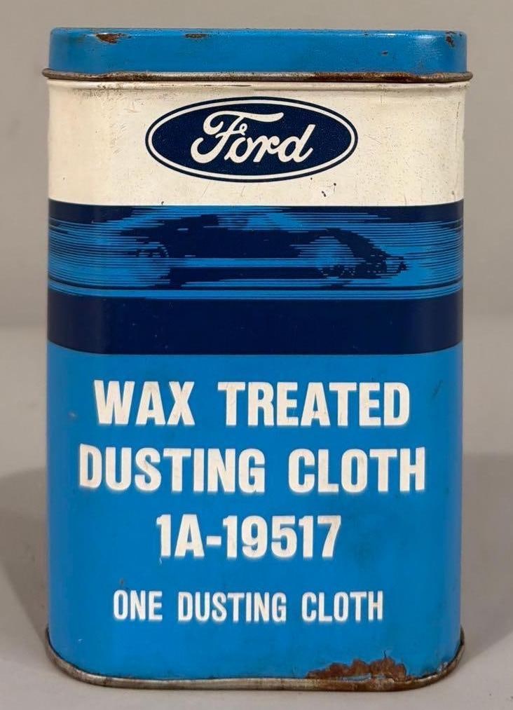 Ford Dusting Cloth in Metal Can: rated 8.5, 5.5"T. has good color, has light rust at bottom.