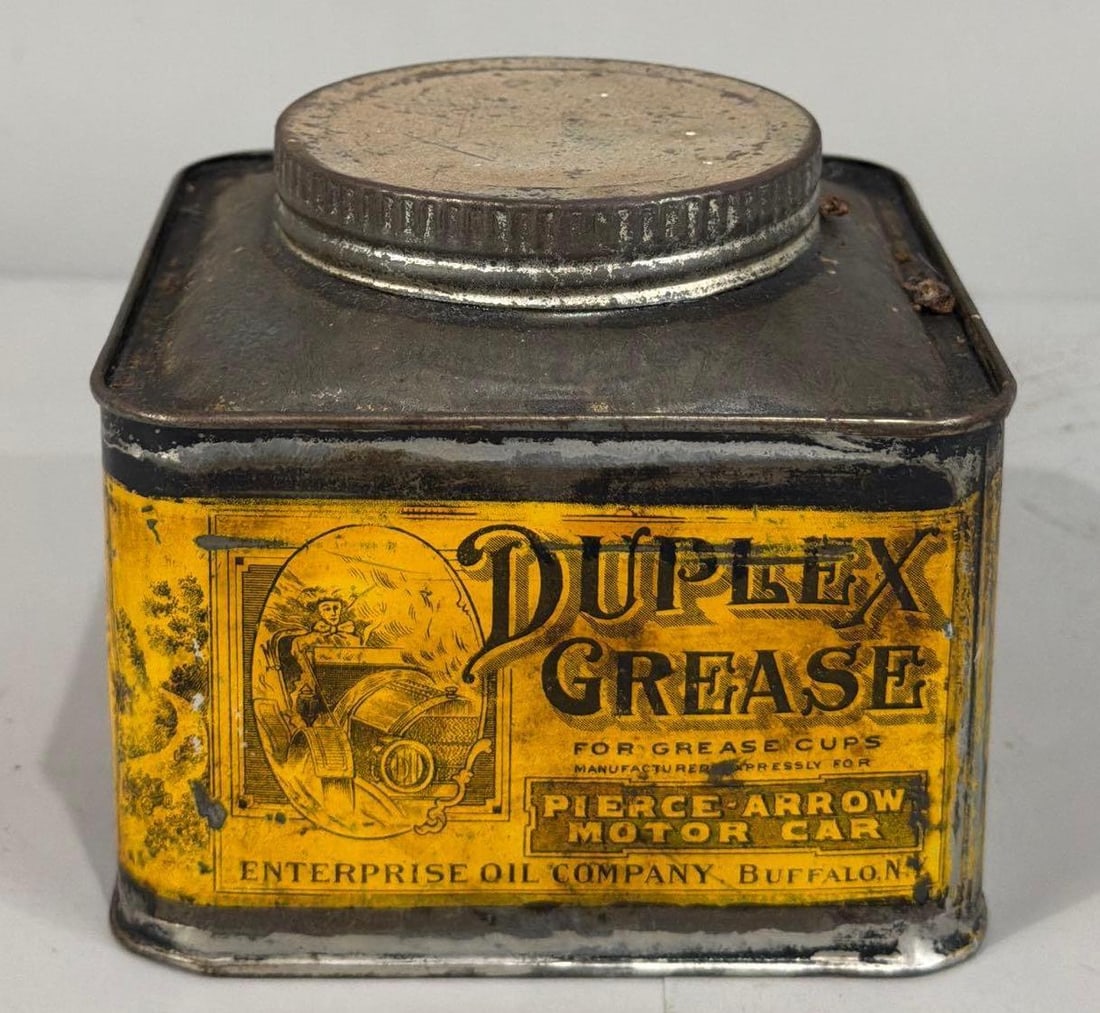 Duplex Grease Three Pound Metal Can: rated 7, the three pound square metal can, is empty, has wear.